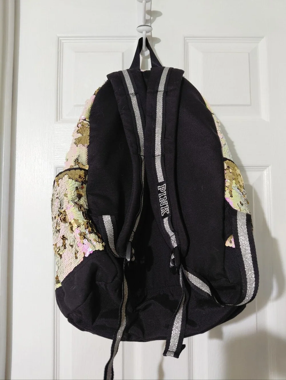 Victoria's Secret Pink Gold Black Iridescent Flip Sequin Bling Campus Backpack
